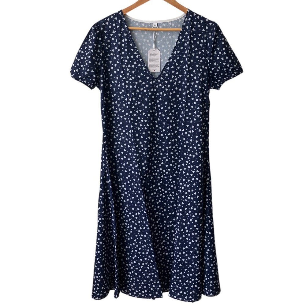 Made with Love Navy Blue & White Heart Polka Dot V-Neck Dress, New with Tags